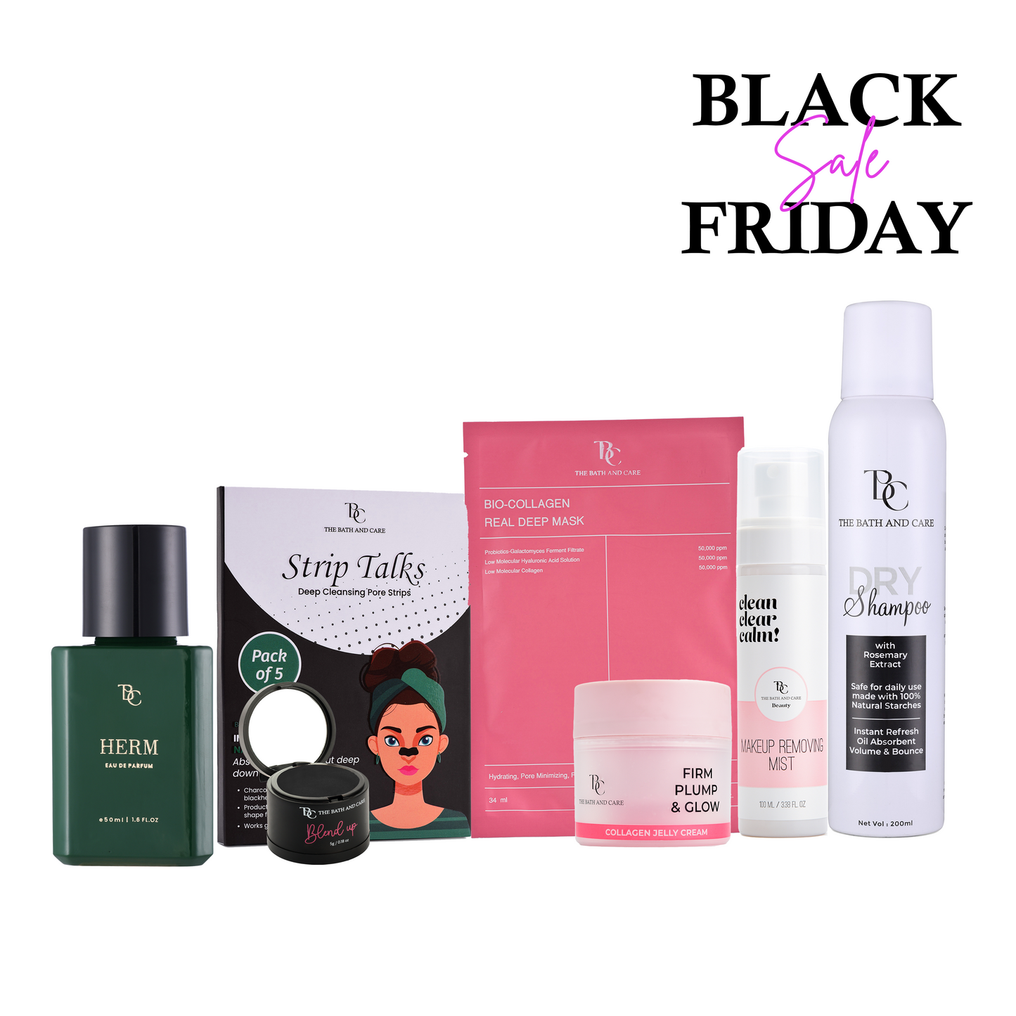 Herm + Nose Strips + Sheet Mask + Black Hair Mud + Collagen Jelly + Makeup Removing Mist + Dry Shampoo (BFS) The Bath and Care