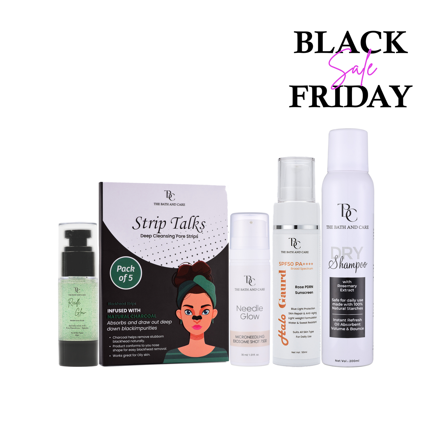 Needle glow + Reedle scrub + Dry Shampoo + Nose strips + Sunscreen (BFS) The Bath and Care