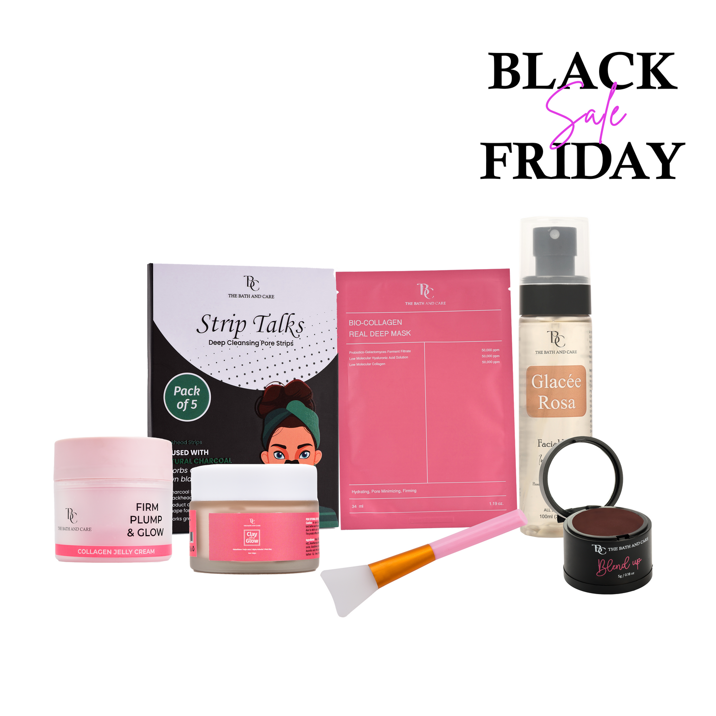 Nose strip + Sheet mask + Spatula + Collagen jelly + Brown Hair Mud + Rose Water toner + Pink clay mask (BFS) The Bath and Care