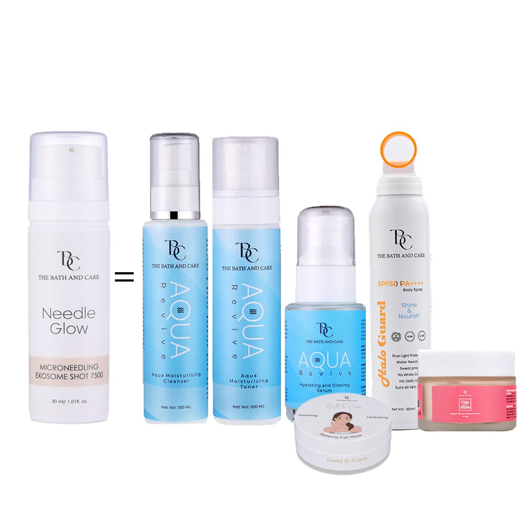 Buy Needle Glow & Get Cleanser Toner Serum & Sunscreen Spray & Gold E-Care Sleeping Eye Mask & Pink Clay Facial Mask - 14191 The Bath and Care