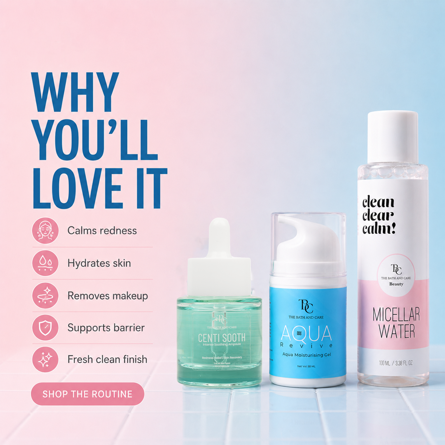 Micellar Water + Centi Sooth Ampoule + Aqua Revive Moisturiser Gel The Bath and Care