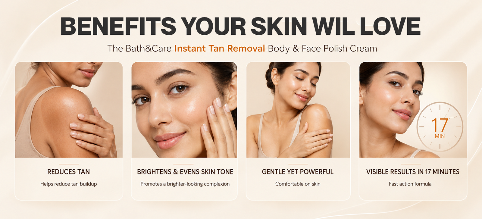 Instant Tan Removal Cream – Bath & Care Body & Face Polish | Kojic Acid, Glutathione & Hydrogen Peroxide, Reduces Tan under 20 Minutes (125g)