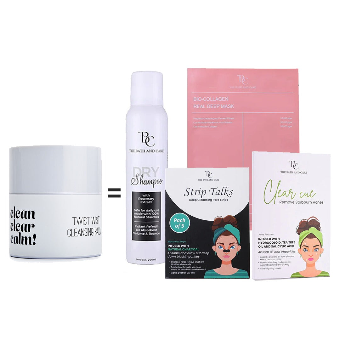 Makeup Remover Balm + Dry Shampoo + Strip Talk + Clear Cue Acne Patches + Bio-Collagen Mask The Bath and Care