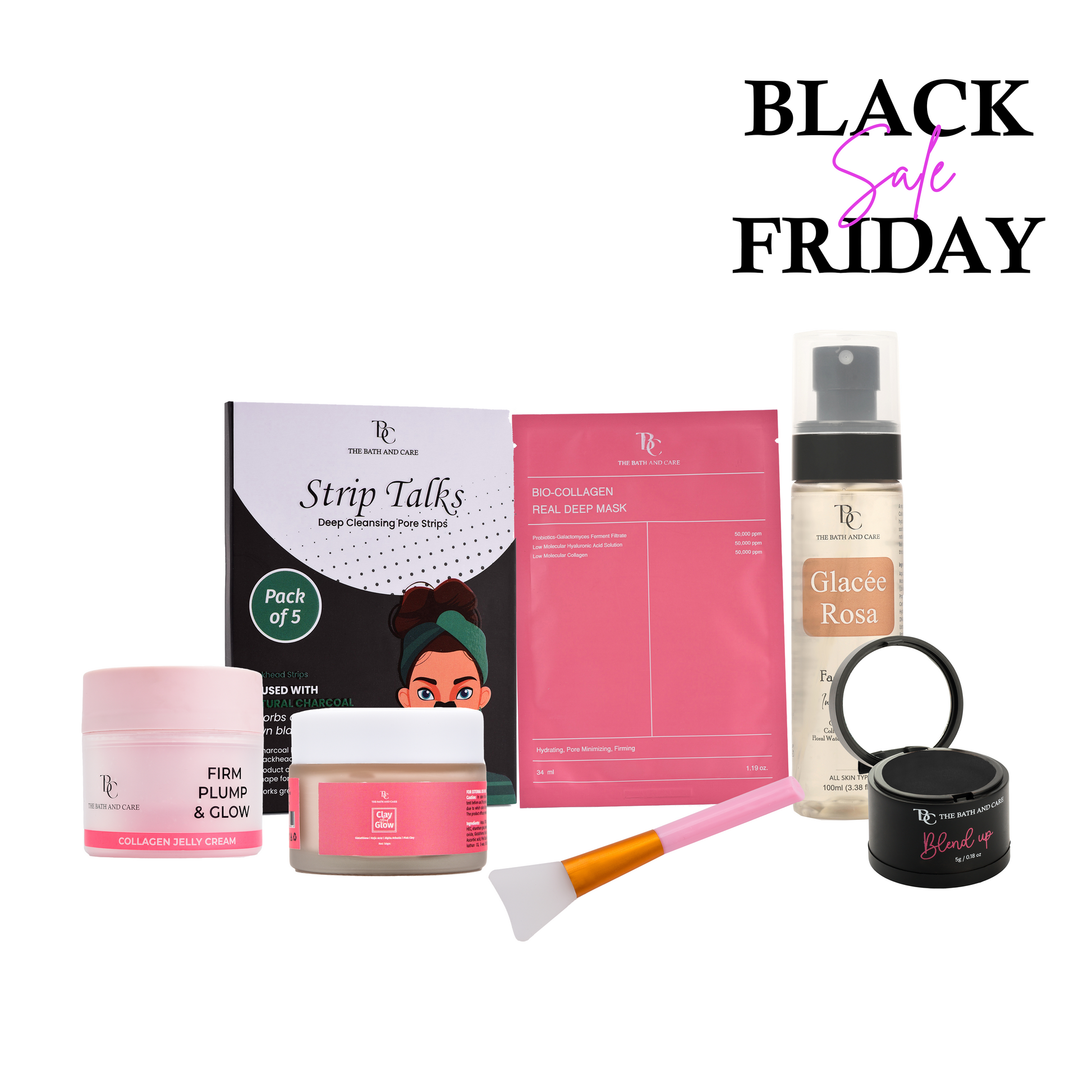 Nose strip + Sheet mask + Spatula + Collagen jelly + Black Hair Mud + Rose Water toner + Pink clay mask (BFS) The Bath and Care