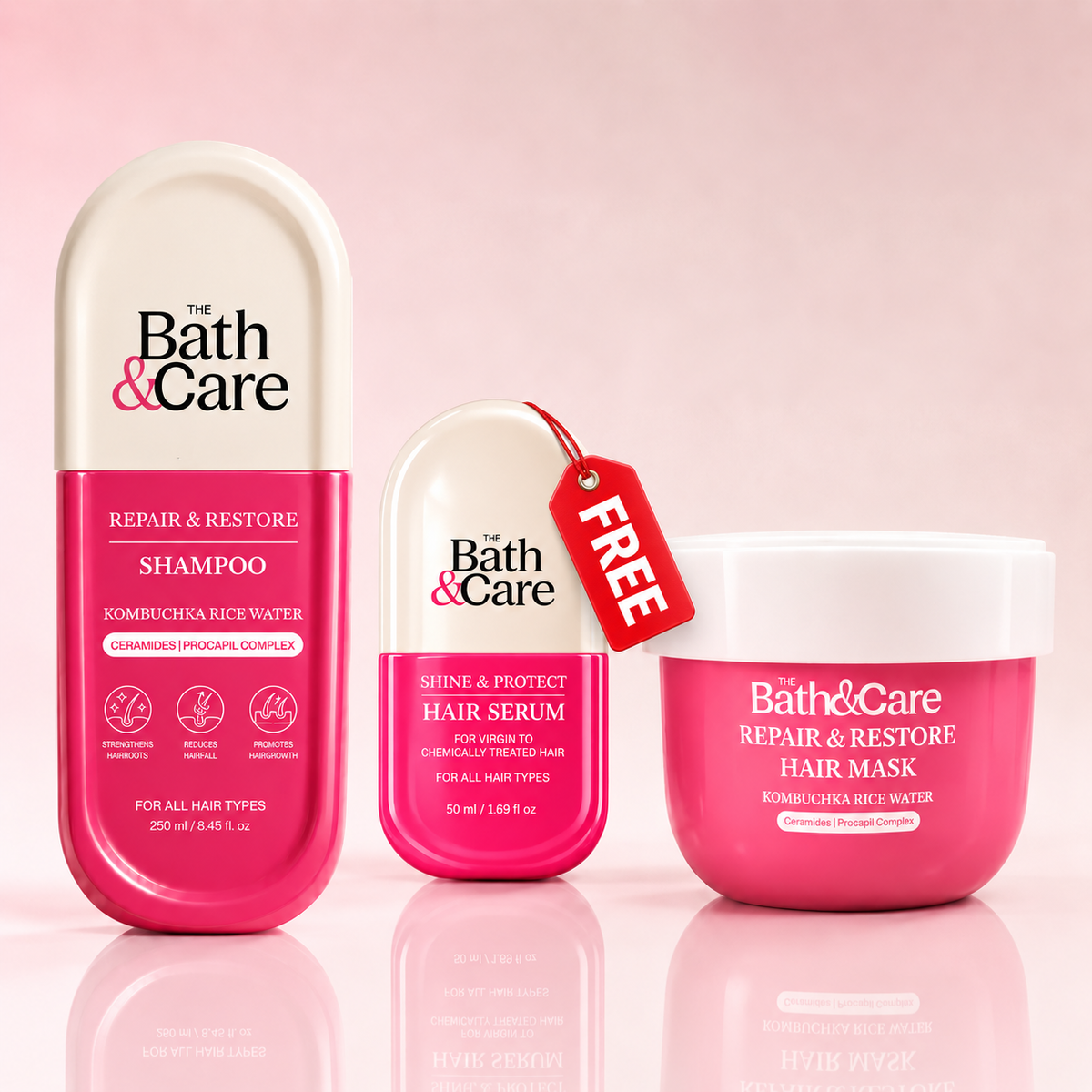 Rice Water Hair Care Combo for Dry & Damaged Hair – Repair Shampoo, Deep Repair Hair Mask + Get Free Anti-Frizz Hair Serum | Kombuchka Repair & Restore The Bath and Care