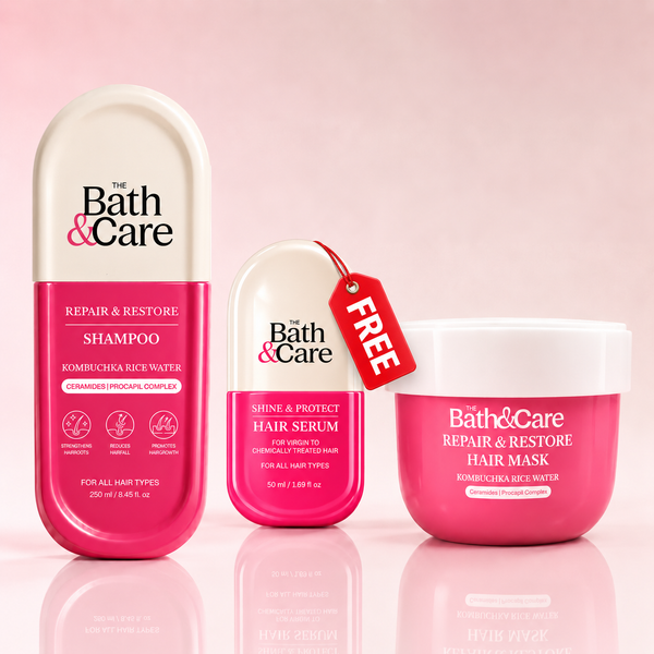 Rice Water Hair Care Combo for Dry & Damaged Hair – Repair Shampoo, Deep Repair Hair Mask + Get Free Anti-Frizz Hair Serum | Kombuchka Repair & Restore The Bath and Care