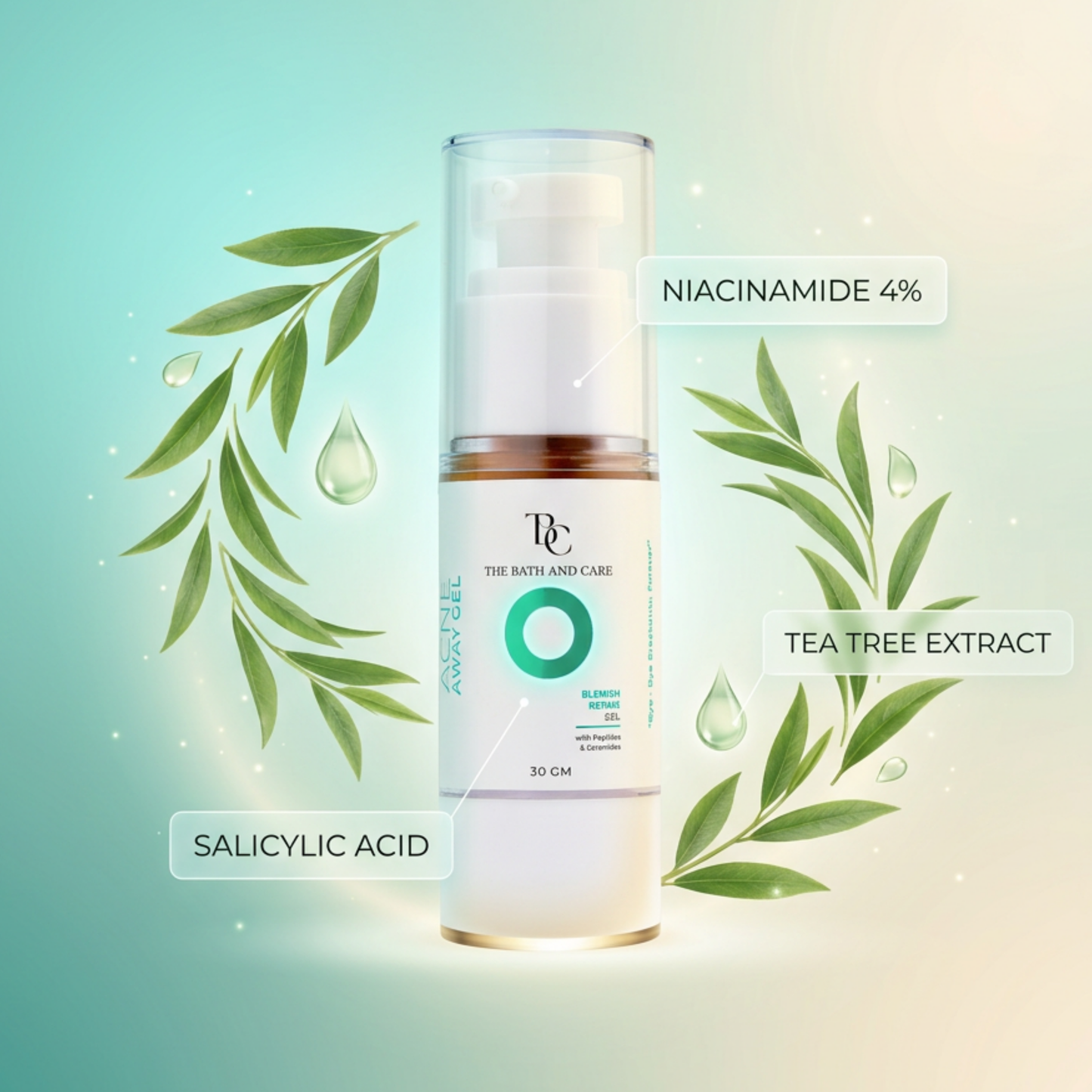 Acne Away Gel – Anti Acne Face Gel with Aloe Vera, Tea Tree, Clove Oil, Peptides & Ceramides The Bath and Care
