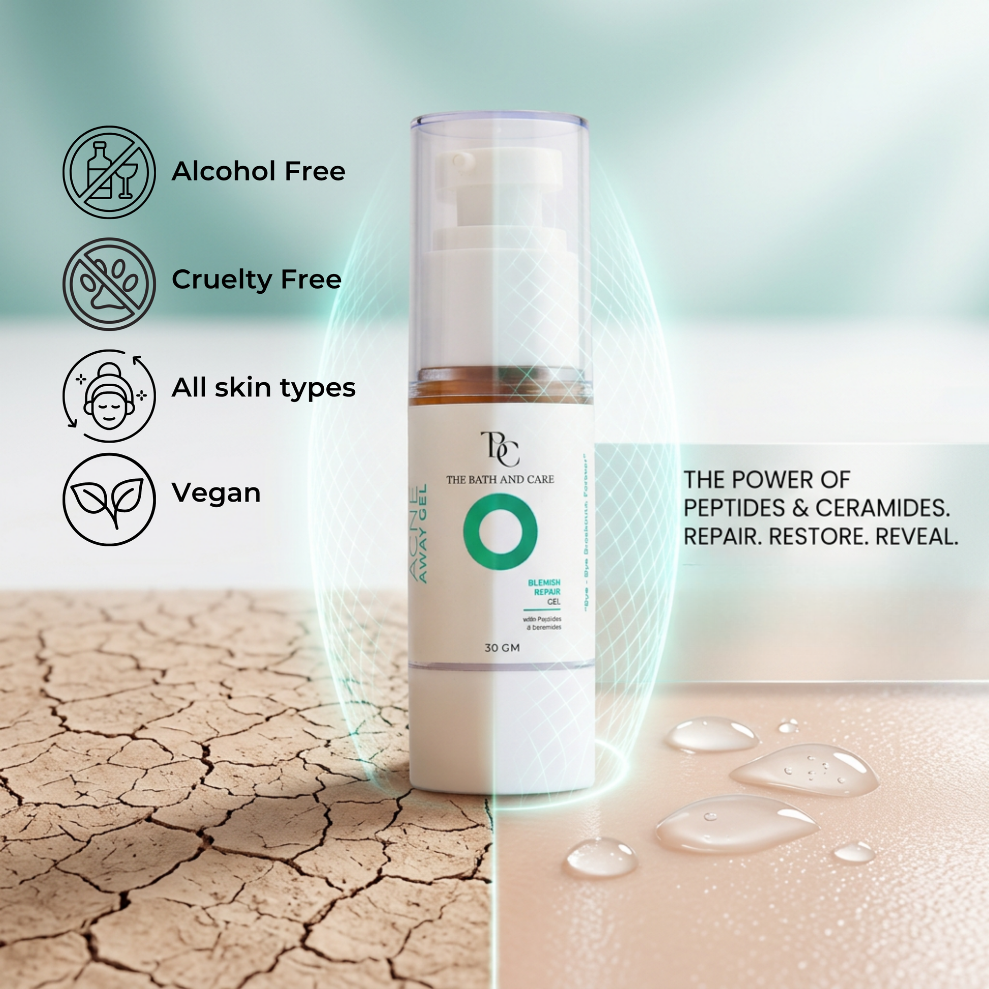 Acne Away Gel – Anti Acne Face Gel with Aloe Vera, Tea Tree, Clove Oil, Peptides & Ceramides The Bath and Care