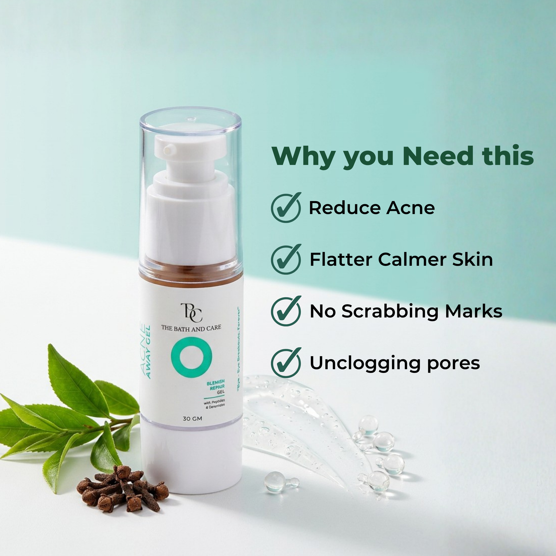 Acne Away Gel – Anti Acne Face Gel with Aloe Vera, Tea Tree, Clove Oil, Peptides & Ceramides The Bath and Care