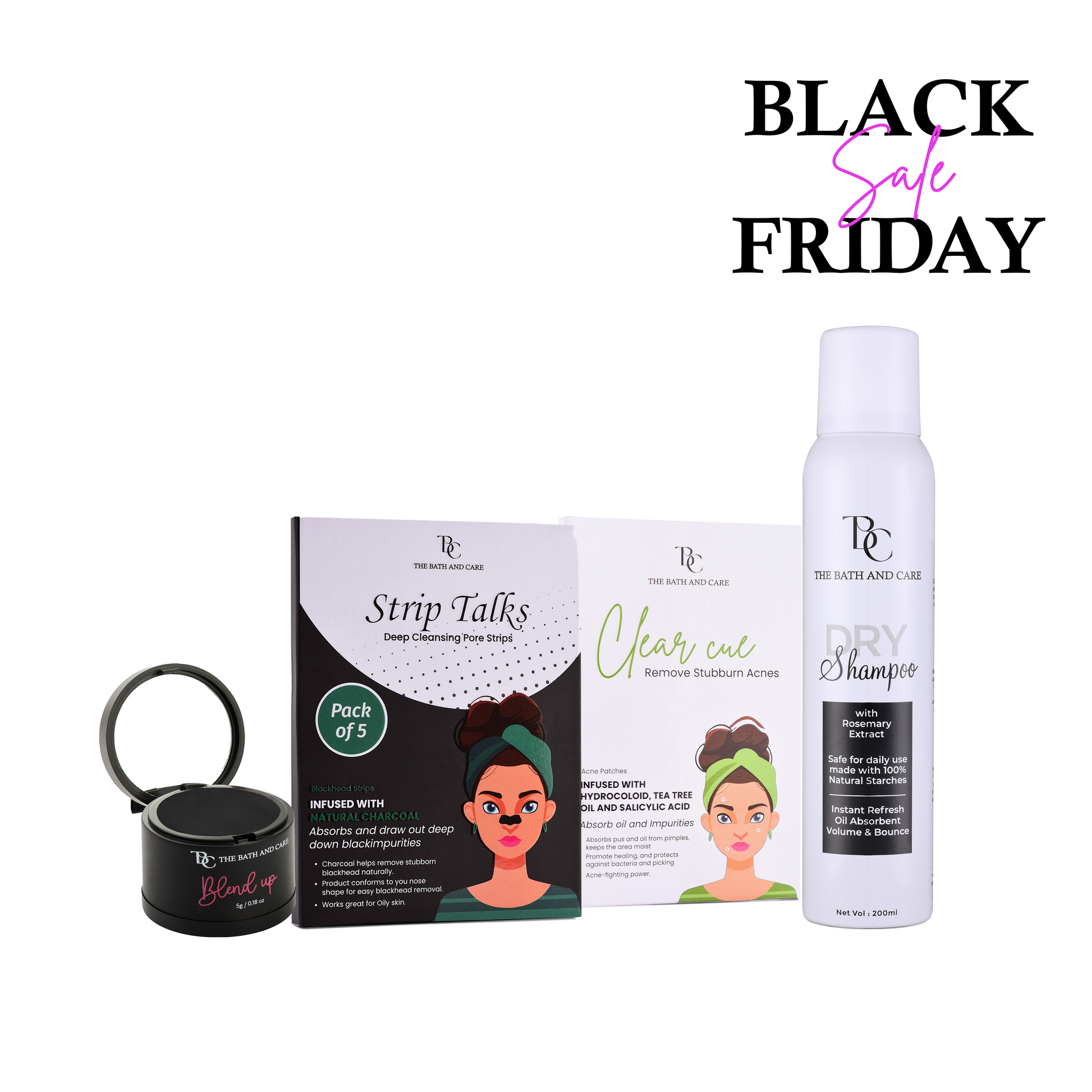Dry Shampoo + Nose Strips + Acne away Patches + Black Hair Mud (BFS) The Bath and Care