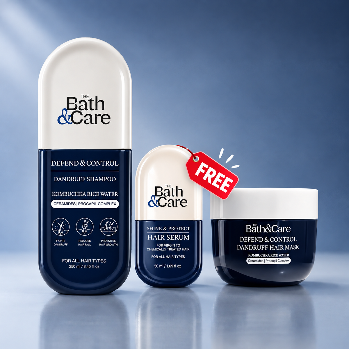Rice Water Anti-Dandruff Hair Care Combo – Shampoo, Hair Mask + Get Free Serum for Dandruff, Flaky Scalp, Excess Oil & Frizz | Kombuchka Defend & Control The Bath and Care