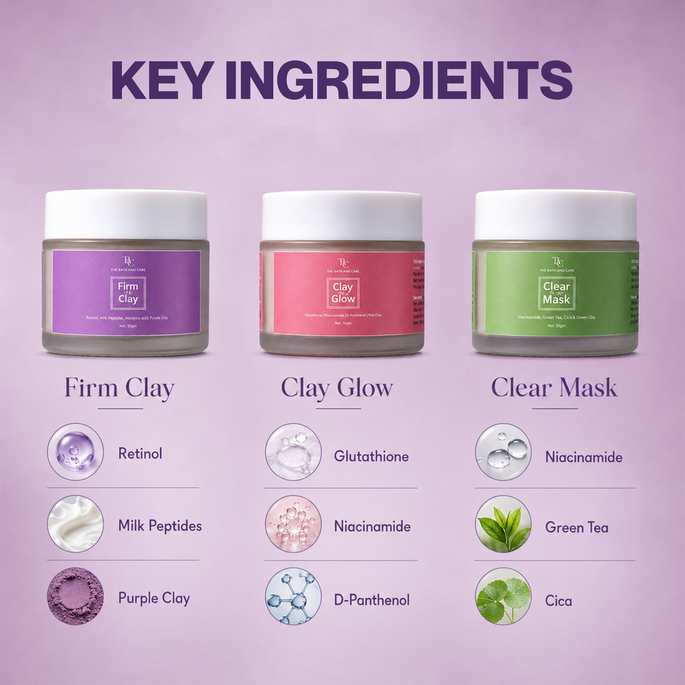Pack of Pink, Green & Purple Clay Mask The Bath and Care