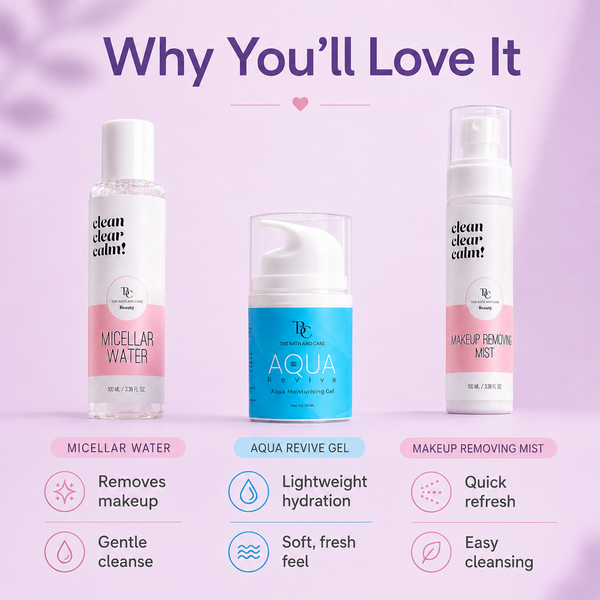 Makeup Remover Mist + Micellar Water + Aqua Revive Moisturiser Gel The Bath and Care