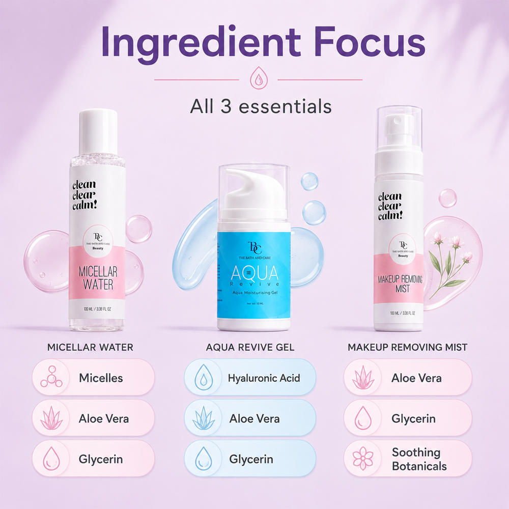 Makeup Remover Mist + Micellar Water + Aqua Revive Moisturiser Gel The Bath and Care