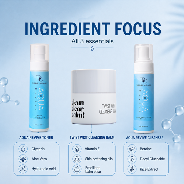 Makeup Remover Balm + Aqua Revive Hydrating Cleanser + Aqua Revive Toner The Bath and Care