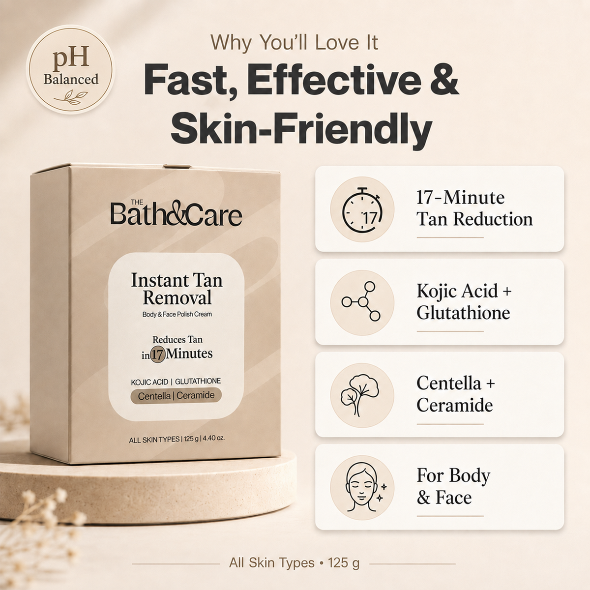 Instant Tan Removal Cream – Body & Face Polish | Kojic Acid, Glutathione |  Ph Balanced Reduces Tan under 20 Minutes (125g) The Bath and Care