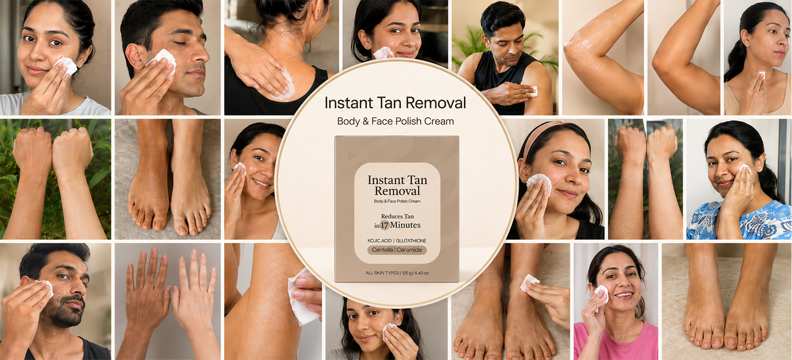 Instant Tan Removal Cream – Bath & Care Body & Face Polish | Kojic Acid, Glutathione & Hydrogen Peroxide, Reduces Tan under 20 Minutes (125g)