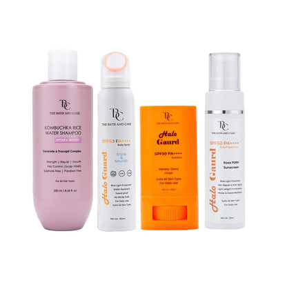 Combo of Repair and Restore Shampoo + Halo Guard Sunspray + Sunscreen + Sunstick The Bath and Care